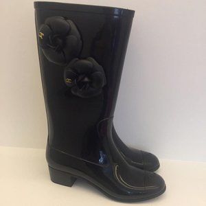 CHANEL, Shoes, Authentic Chanel Black Rubber Camellia Flower Heeled Rain  Boots Eu 36